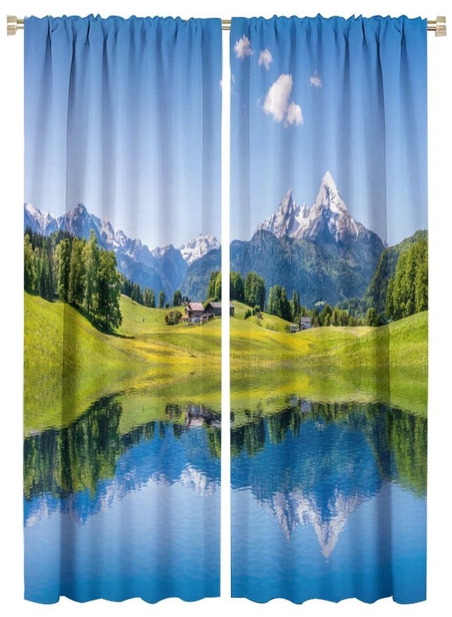 LOMADIA Lake Deocr Curtain, Nature Mountain Scenic Beautiful Blue Sky White Cloud House Grassland Landscapes Home Decor Windows Rod Pocket Curtains for Bedroom Kitchen Cafe Office Drapes 42x45in - Image 1